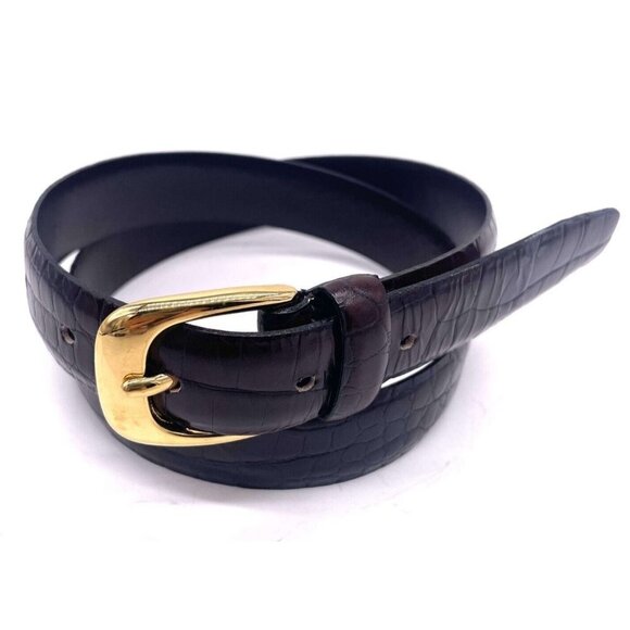 St John Croc Embossed Skinny Belt Brown Gold Tone Buckle Adjustable Size 2 - Picture 1 of 6